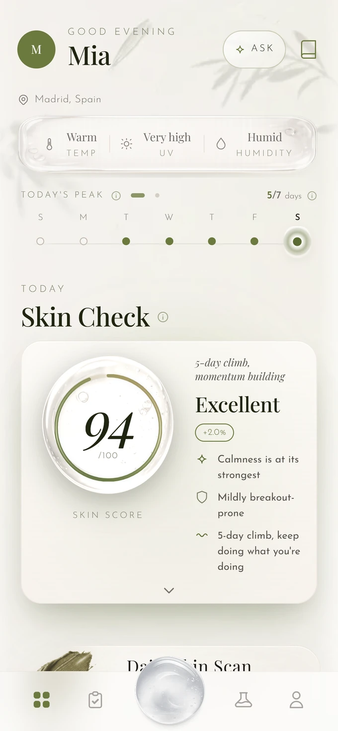 The Glova app dashboard: a skin score of 94 out of 100 rated Excellent, today's weather, and a week of daily check-ins.